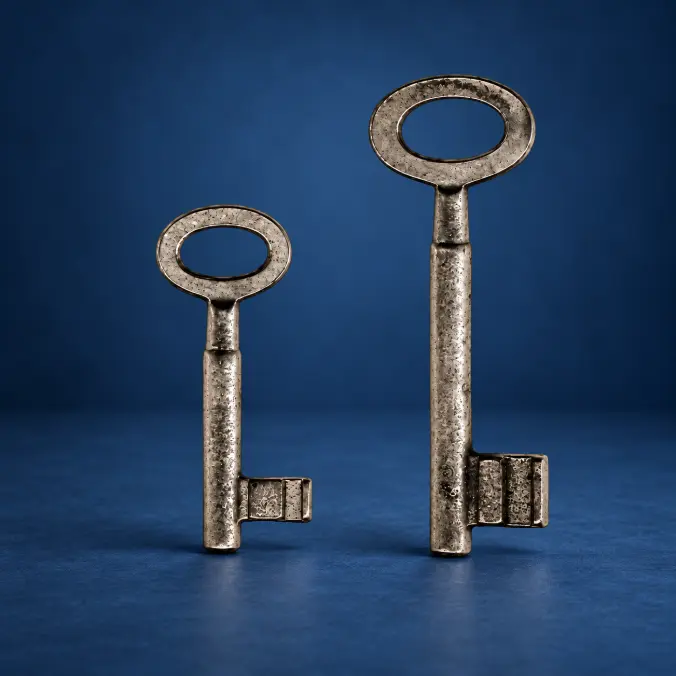 Due chiavi metalliche per porte interne su sfondo blu
