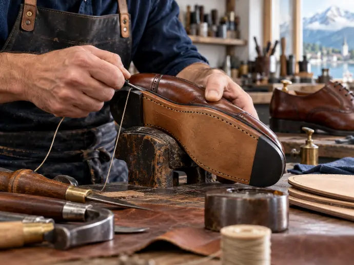 Artigiano che ripara una scarpa in pelle